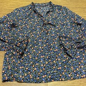 Blue and Green Floral Chic Style Faux Button Peasant Shirt Top Size S
